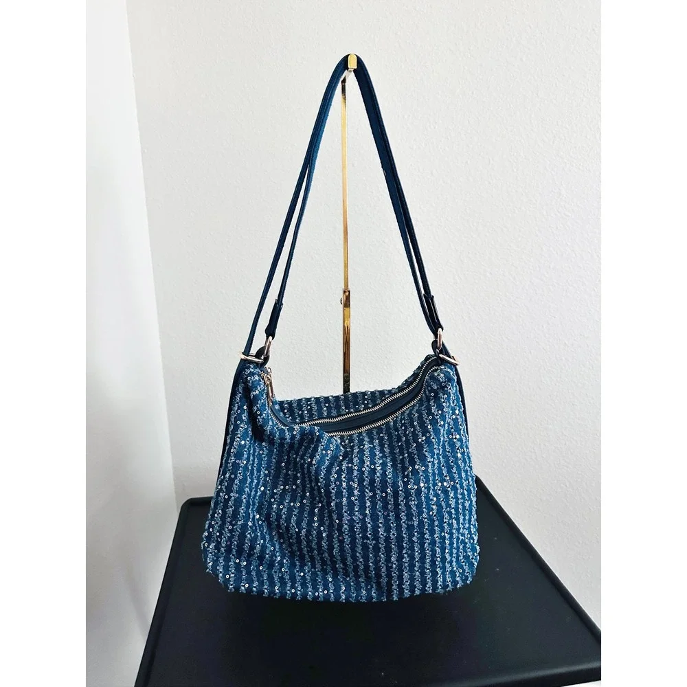 Mellow World Sequin Striped Blue Denim Double Zip Pocket Hobo Shoulder Bag